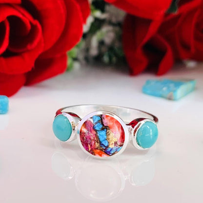 Pearl & Turquoise Ring ~ Promise Ring ~ Trinity Silver Rings ~ Stacking Ring ~ Gift For Mom ~ Birthday Gift For Her ~ 3 Stone Ring ~ R - 0126 - BeadsBoatInc