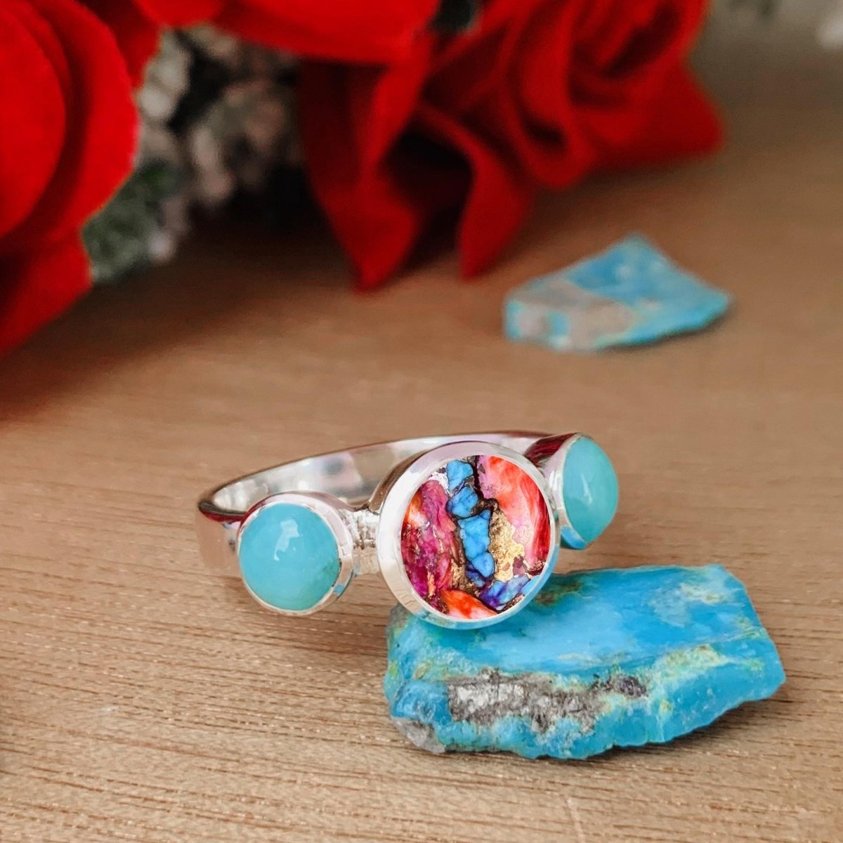Pearl & Turquoise Ring ~ Promise Ring ~ Trinity Silver Rings ~ Stacking Ring ~ Gift For Mom ~ Birthday Gift For Her ~ 3 Stone Ring ~ R - 0126 - BeadsBoatInc