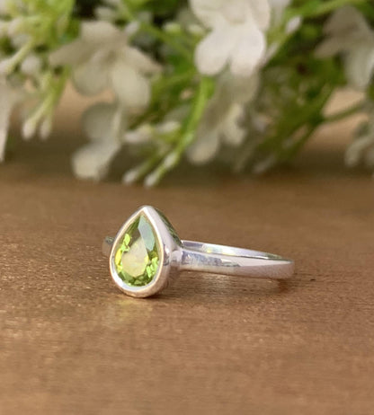 Peridot Pear Ring, Handmade Sterling Silver Ring - BeadsBoatInc