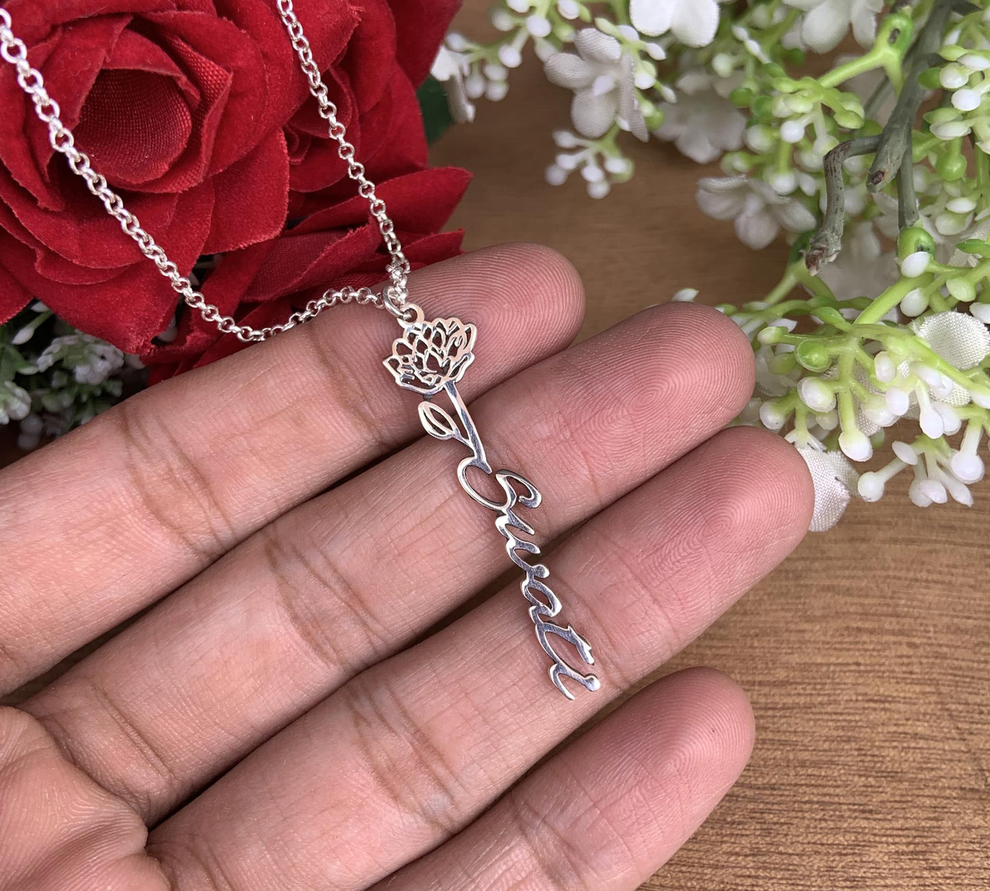Personalized Name Necklace with Flower | Dainty 925 Silver Necklace - BeadsBoatInc