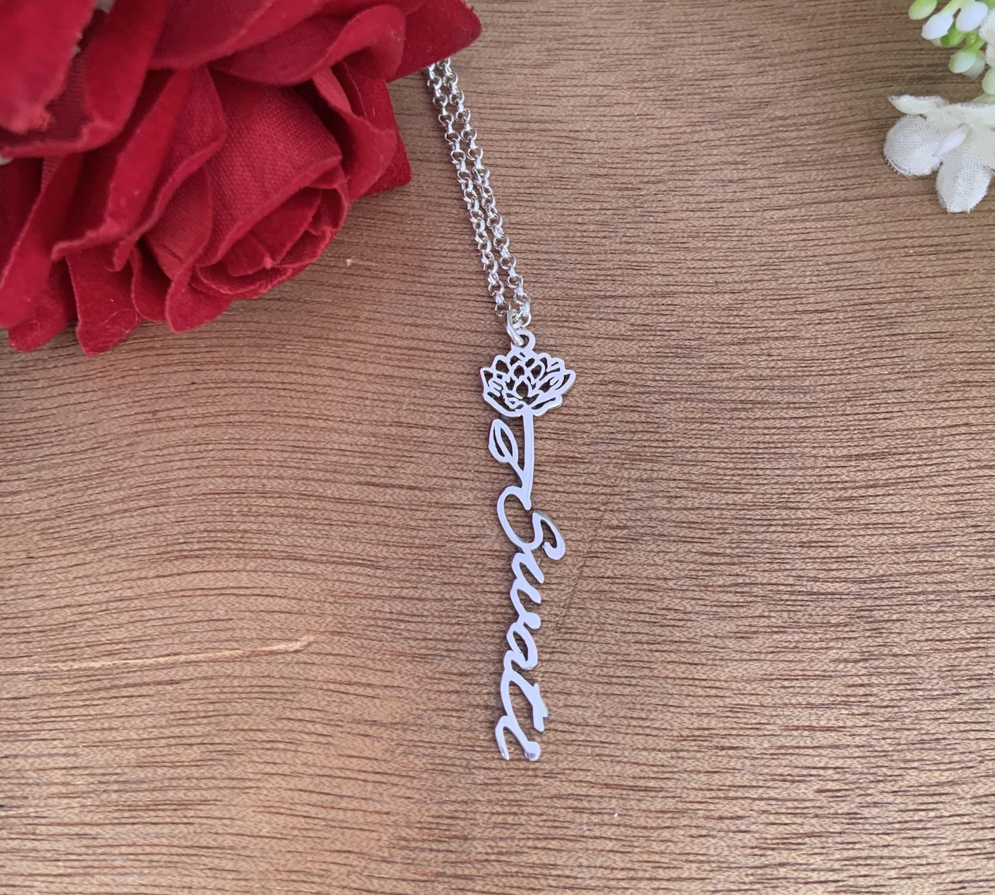 Personalized Name Necklace with Flower | Dainty 925 Silver Necklace - BeadsBoatInc