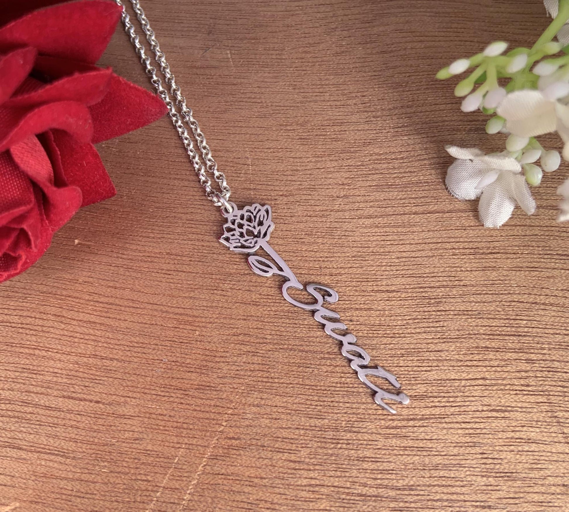 Personalized Name Necklace with Flower | Dainty 925 Silver Necklace - BeadsBoatInc