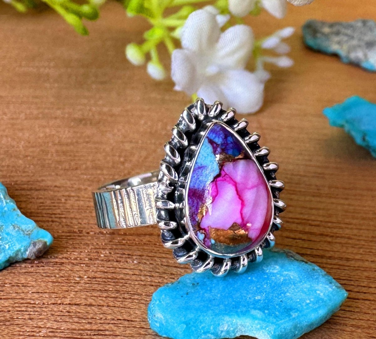 Pink Copper Turquoise Ring For Women ~ Kingman Turquoise Boho Jewelry ~ Handmade Sterling Silver Ring ~ R - 0048 - BeadsBoatInc