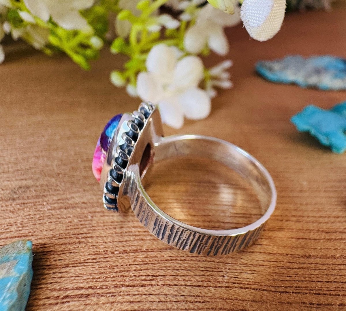 Pink Copper Turquoise Ring For Women ~ Kingman Turquoise Boho Jewelry ~ Handmade Sterling Silver Ring ~ R - 0048 - BeadsBoatInc