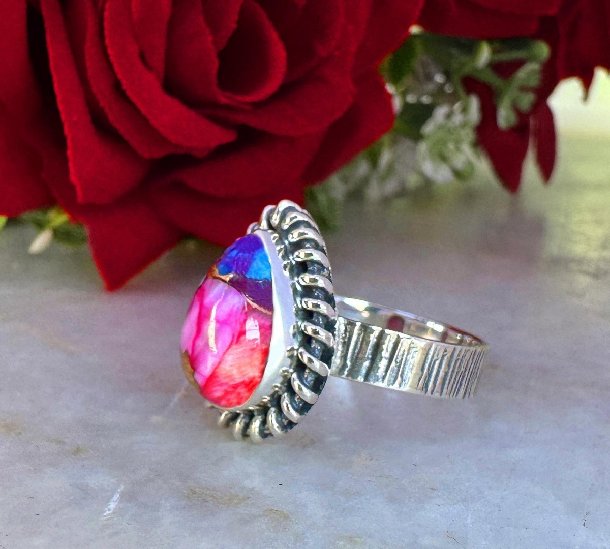 Pink Copper Turquoise Ring For Women ~ Kingman Turquoise Boho Jewelry ~ Handmade Sterling Silver Ring ~ R - 0048 - BeadsBoatInc