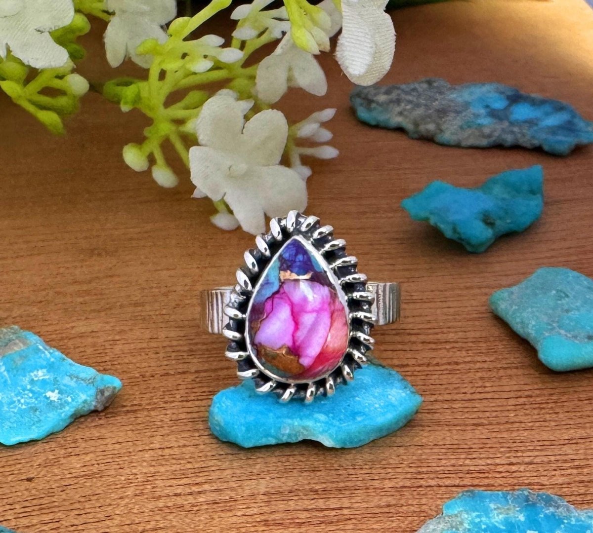 Pink Copper Turquoise Ring For Women ~ Kingman Turquoise Boho Jewelry ~ Handmade Sterling Silver Ring ~ R - 0048 - BeadsBoatInc