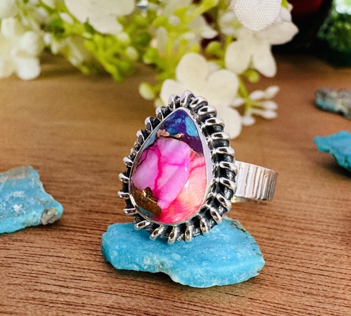 Pink Copper Turquoise Ring For Women ~ Kingman Turquoise Boho Jewelry ~ Handmade Sterling Silver Ring ~ R - 0048 - BeadsBoatInc