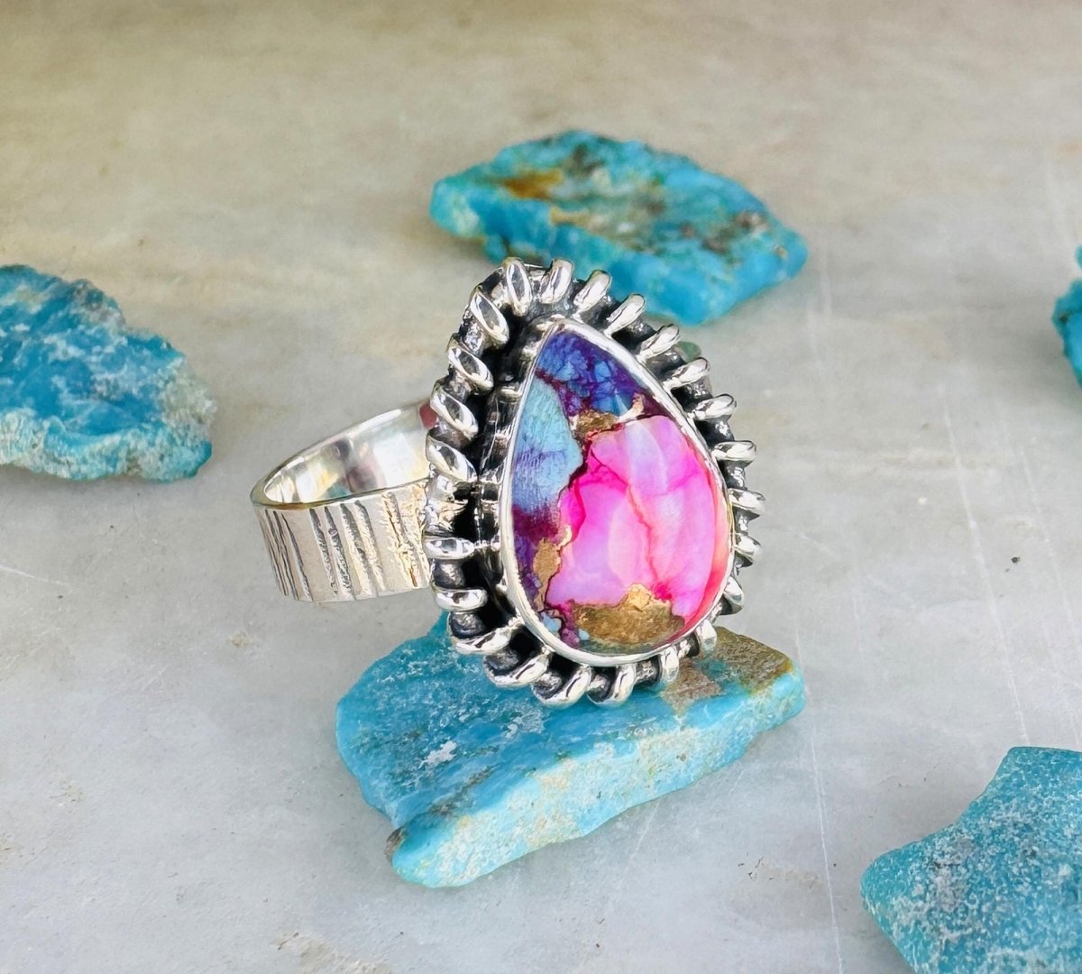 Pink Copper Turquoise Ring For Women ~ Kingman Turquoise Boho Jewelry ~ Handmade Sterling Silver Ring ~ R - 0048 - BeadsBoatInc