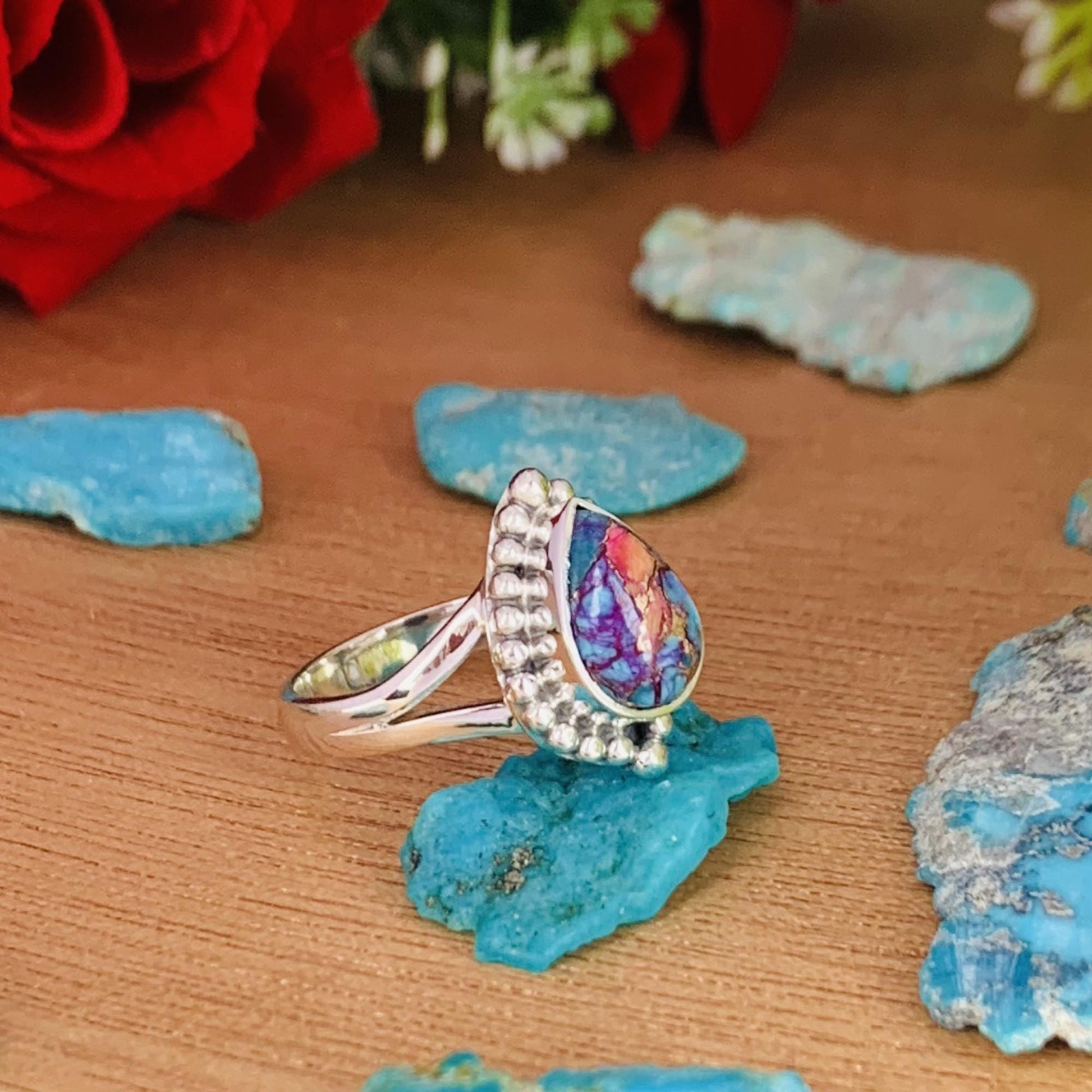 Pink Copper Turquoise Sterling Silver Split Shank Ring – December Birthstone - BeadsBoatInc