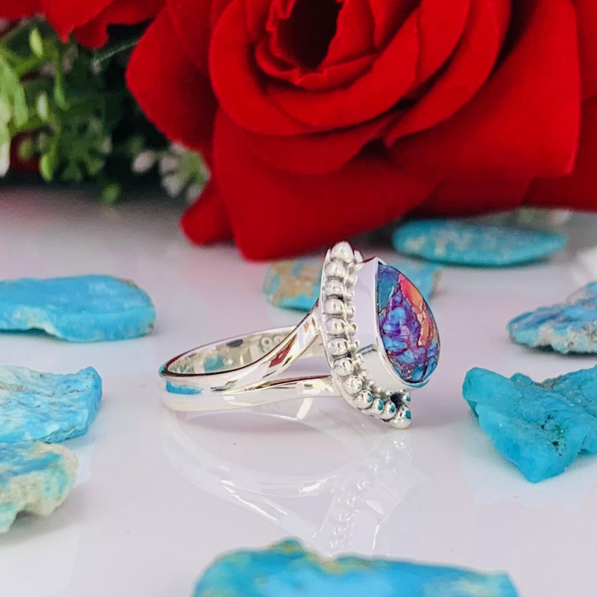 Pink Copper Turquoise Sterling Silver Split Shank Ring – December Birthstone - BeadsBoatInc