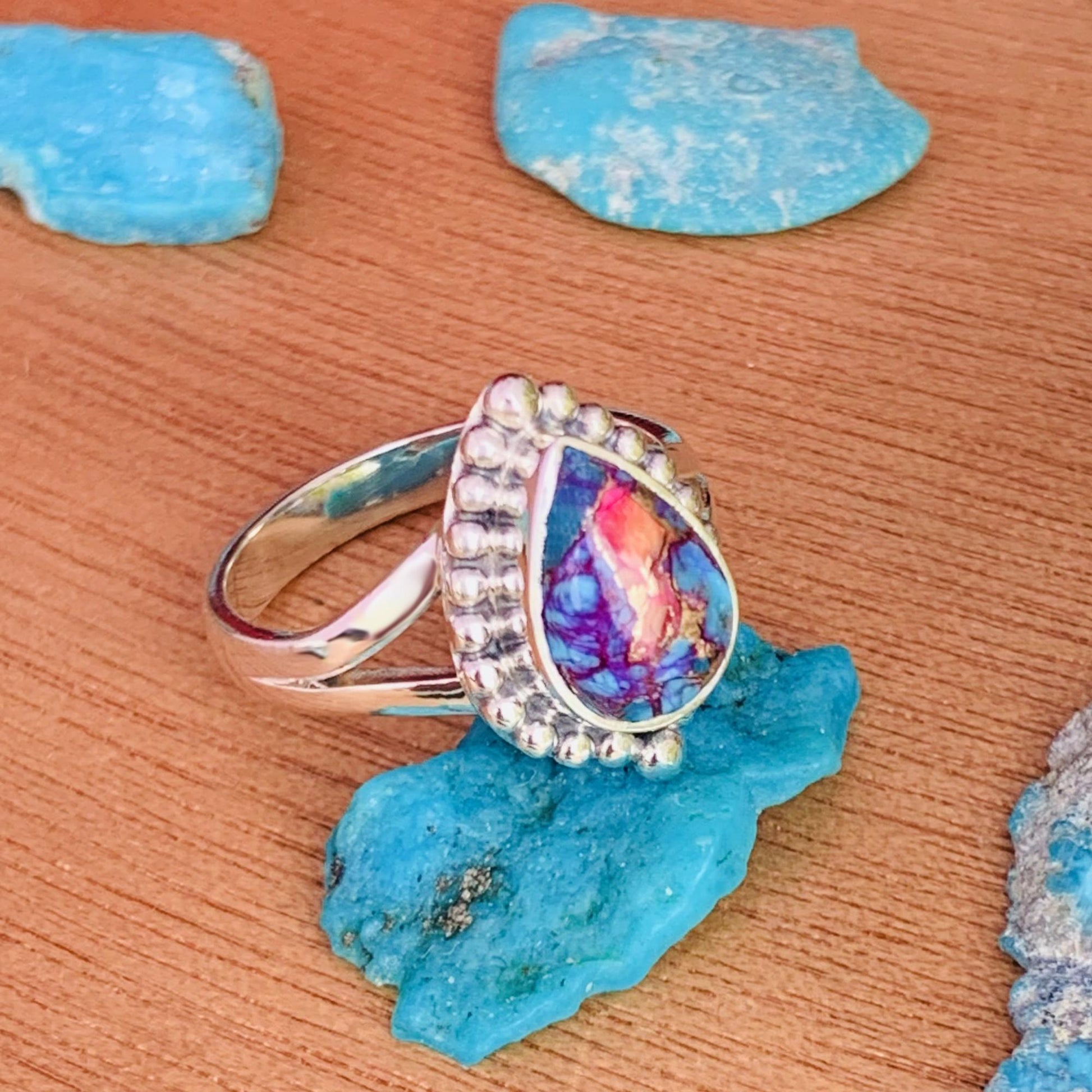 Pink Copper Turquoise Sterling Silver Split Shank Ring – December Birthstone - BeadsBoatInc