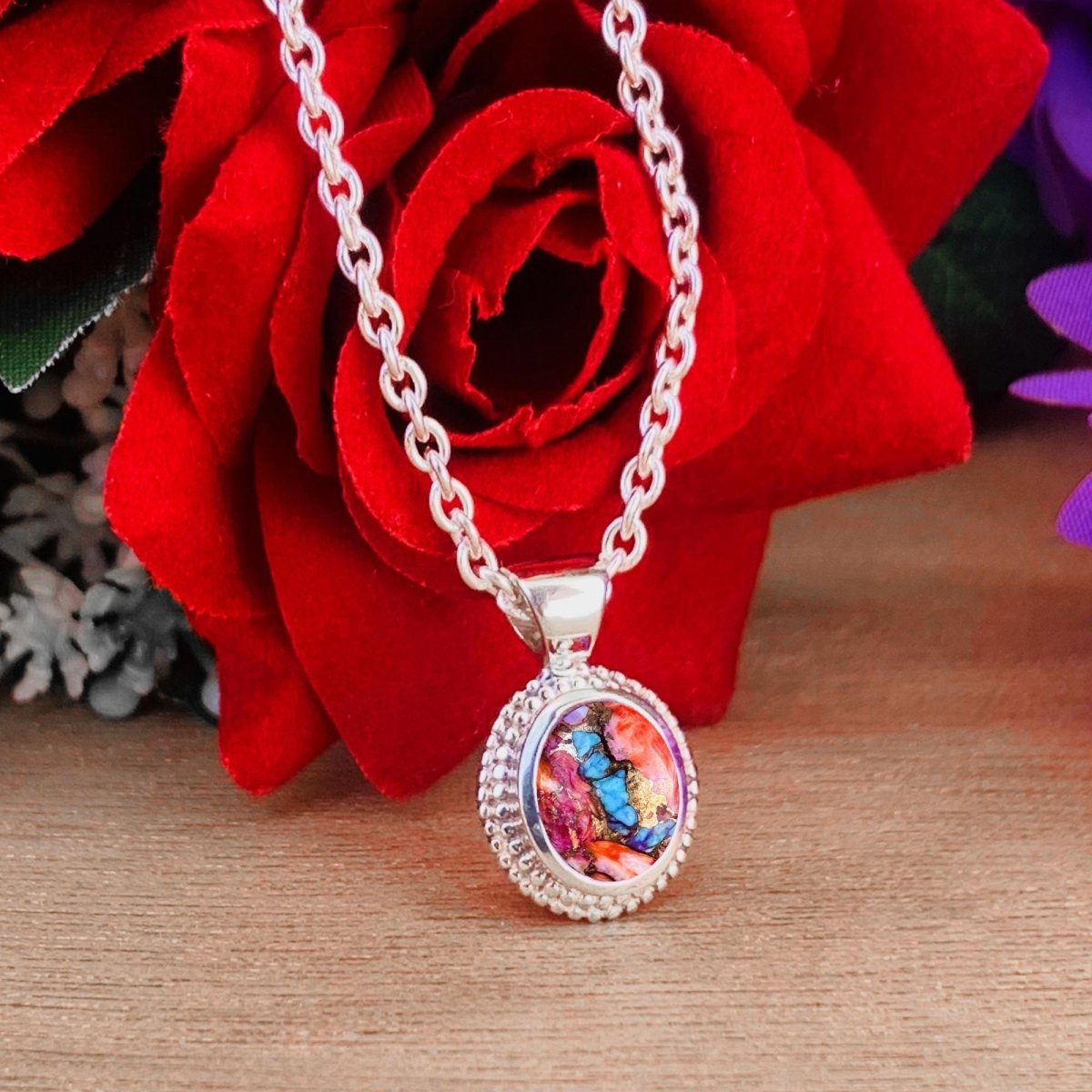 Pink Dahlia Turquoise Necklace – Dainty Silver Boho Pendant, Gift for Her - BeadsBoatInc