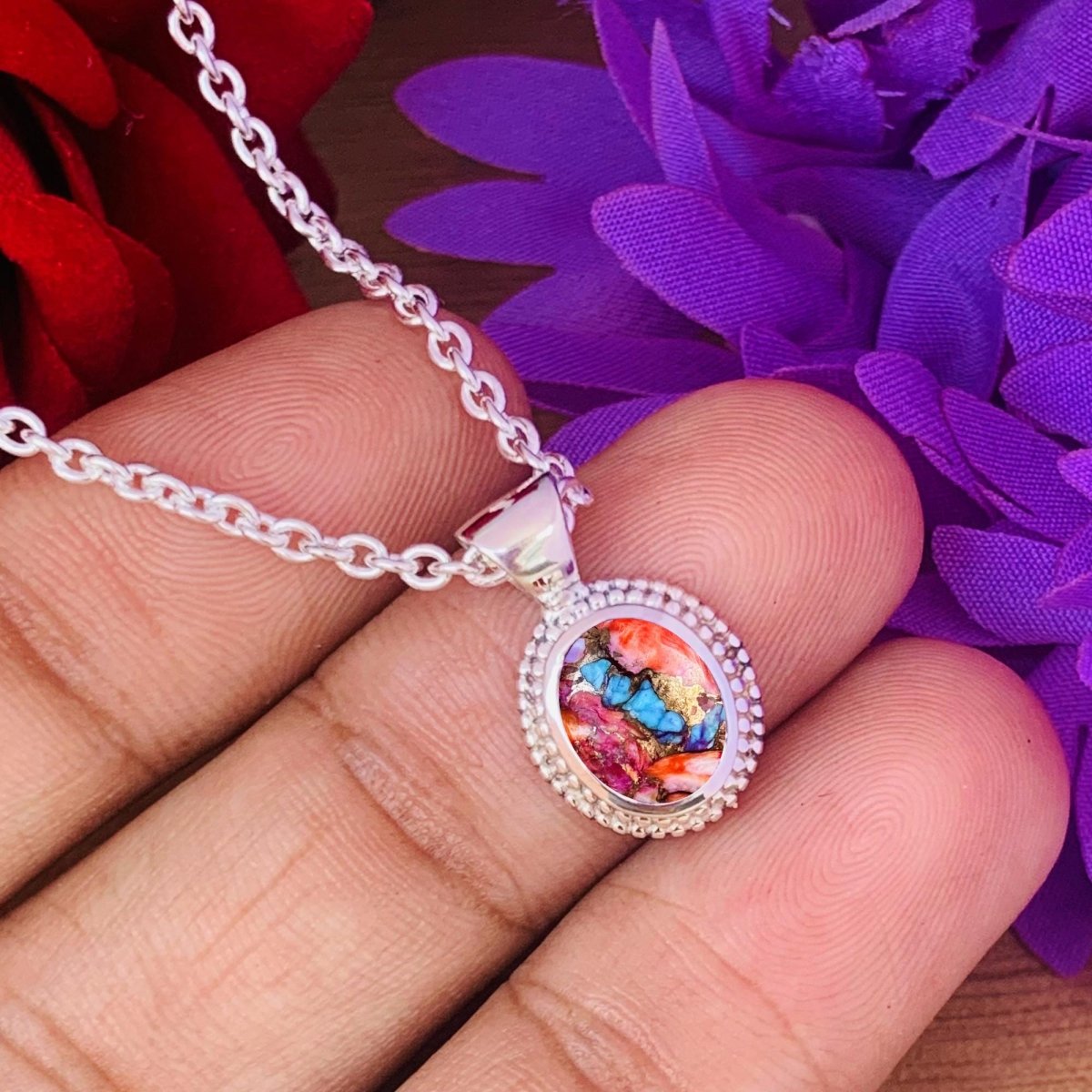 Pink Dahlia Turquoise Necklace – Dainty Silver Boho Pendant, Gift for Her - BeadsBoatInc