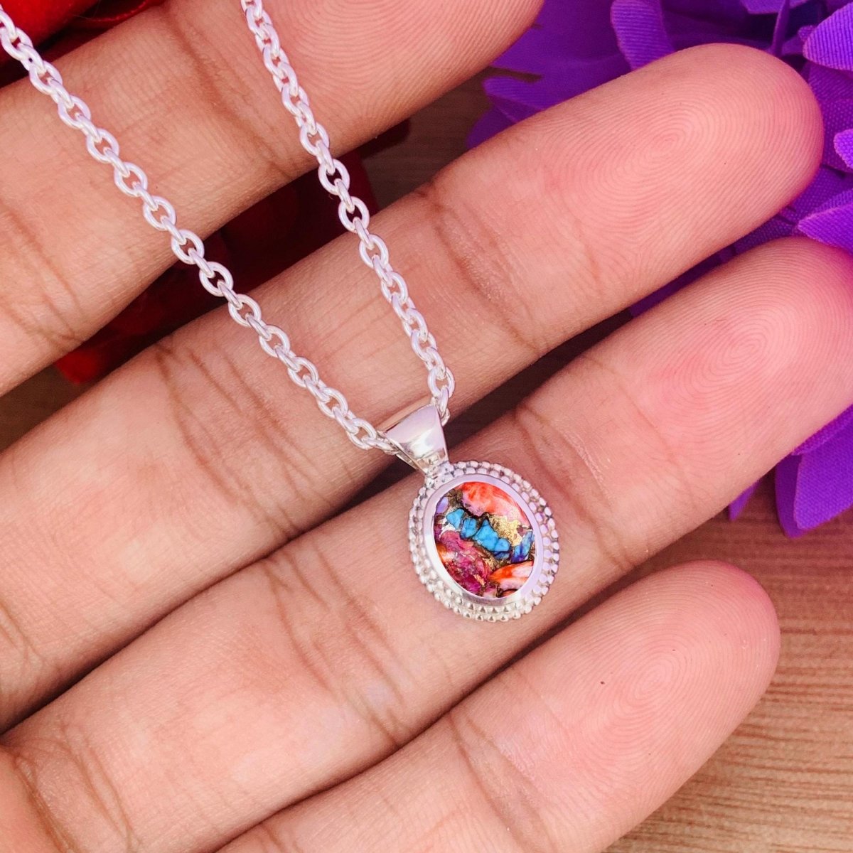 Pink Dahlia Turquoise Necklace – Dainty Silver Boho Pendant, Gift for Her - BeadsBoatInc