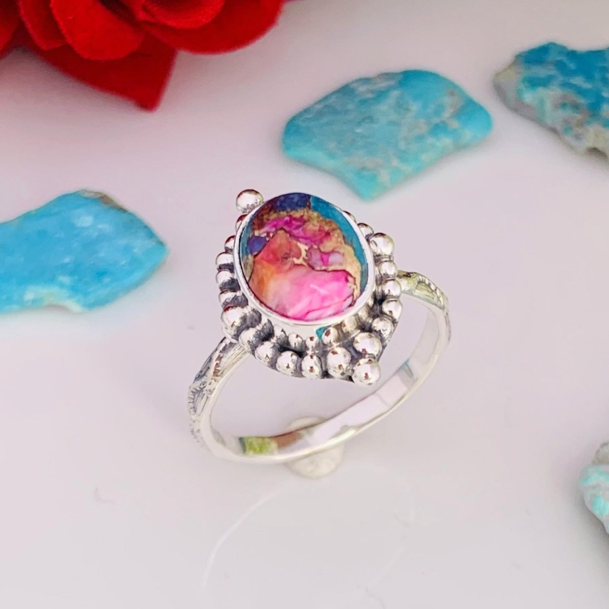 Pink Kingman Turquoise Oval Silver Ring – Dainty Boho Pink Dahlia Ring - BeadsBoatInc