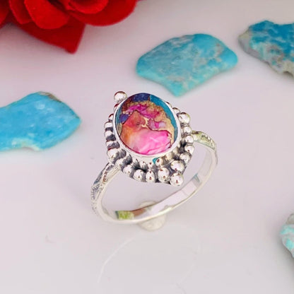 Pink Kingman Turquoise Oval Silver Ring – Dainty Boho Pink Dahlia Ring - BeadsBoatInc