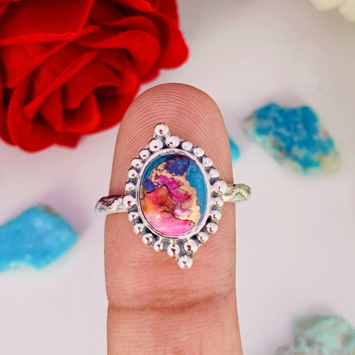 Pink Kingman Turquoise Oval Silver Ring – Dainty Boho Pink Dahlia Ring - BeadsBoatInc