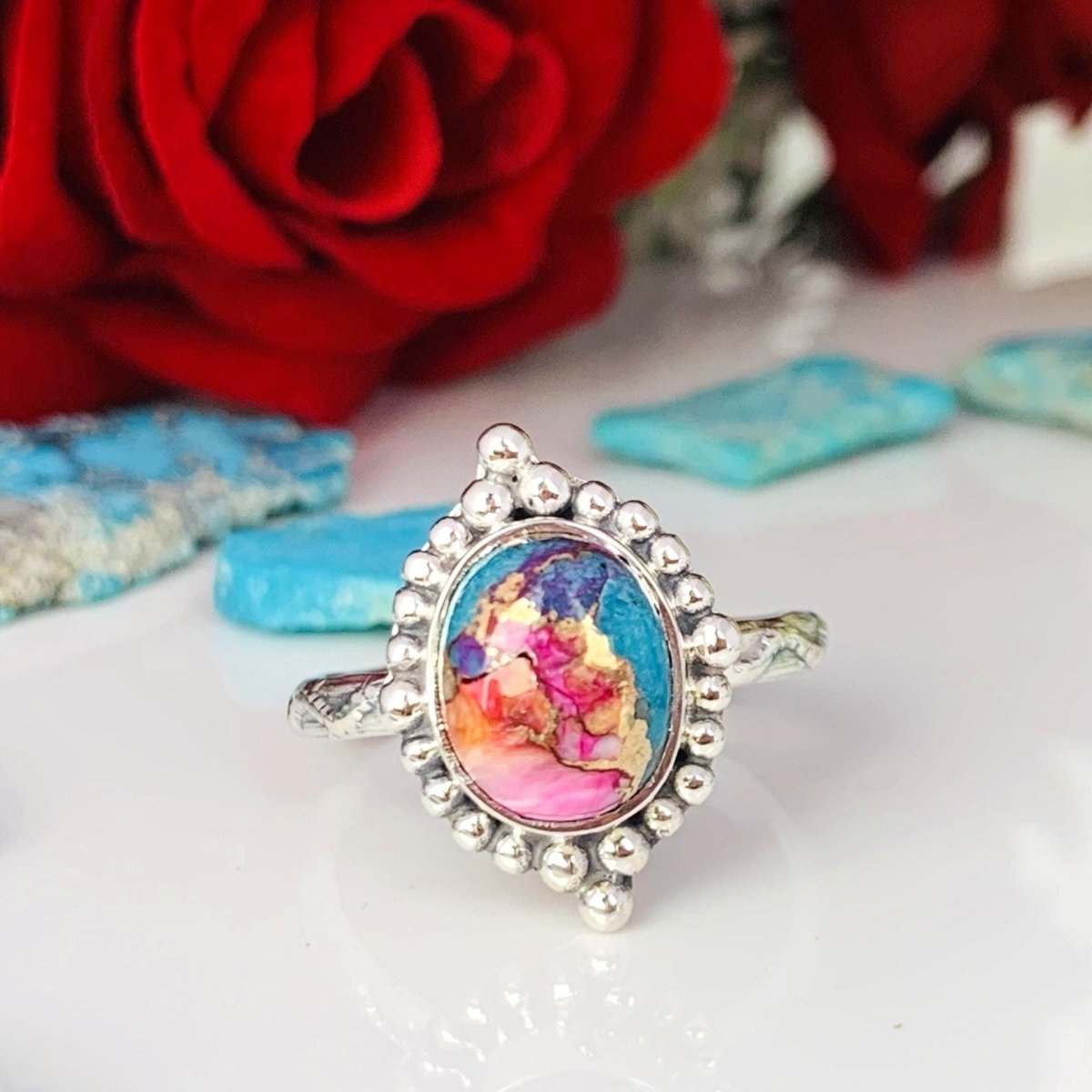 Pink Kingman Turquoise Oval Silver Ring – Dainty Boho Pink Dahlia Ring - BeadsBoatInc