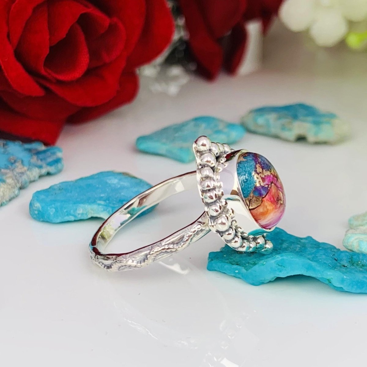 Pink Kingman Turquoise Oval Silver Ring – Dainty Boho Pink Dahlia Ring - BeadsBoatInc