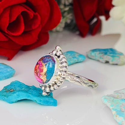 Pink Kingman Turquoise Oval Silver Ring – Dainty Boho Pink Dahlia Ring - BeadsBoatInc