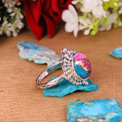 Pink Kingman Turquoise Oval Silver Ring – Dainty Boho Pink Dahlia Ring - BeadsBoatInc