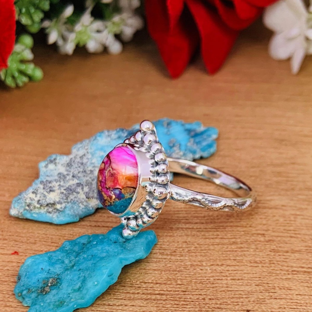 Pink Kingman Turquoise Oval Silver Ring – Dainty Boho Pink Dahlia Ring - BeadsBoatInc