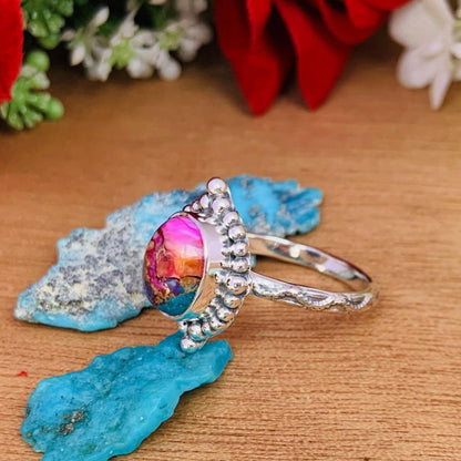 Pink Kingman Turquoise Oval Silver Ring – Dainty Boho Pink Dahlia Ring - BeadsBoatInc