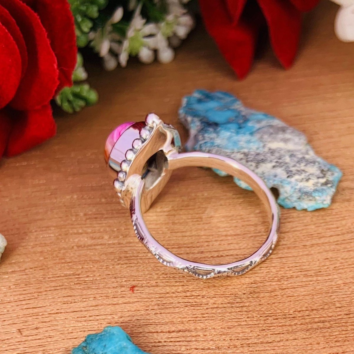 Pink Kingman Turquoise Oval Silver Ring – Dainty Boho Pink Dahlia Ring - BeadsBoatInc