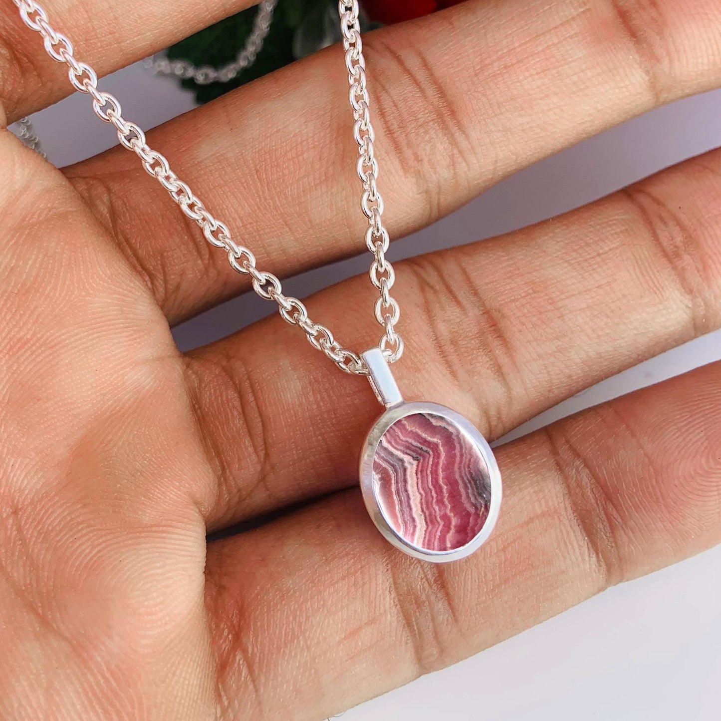 Pink Rhodochrosite Necklace – Dainty Silver Birthstone Pendant, Gift for Her - BeadsBoatInc