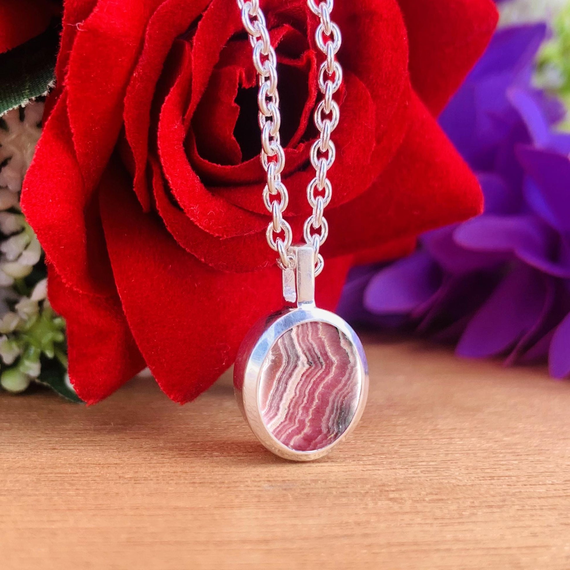 Pink Rhodochrosite Necklace – Dainty Silver Birthstone Pendant, Gift for Her - BeadsBoatInc