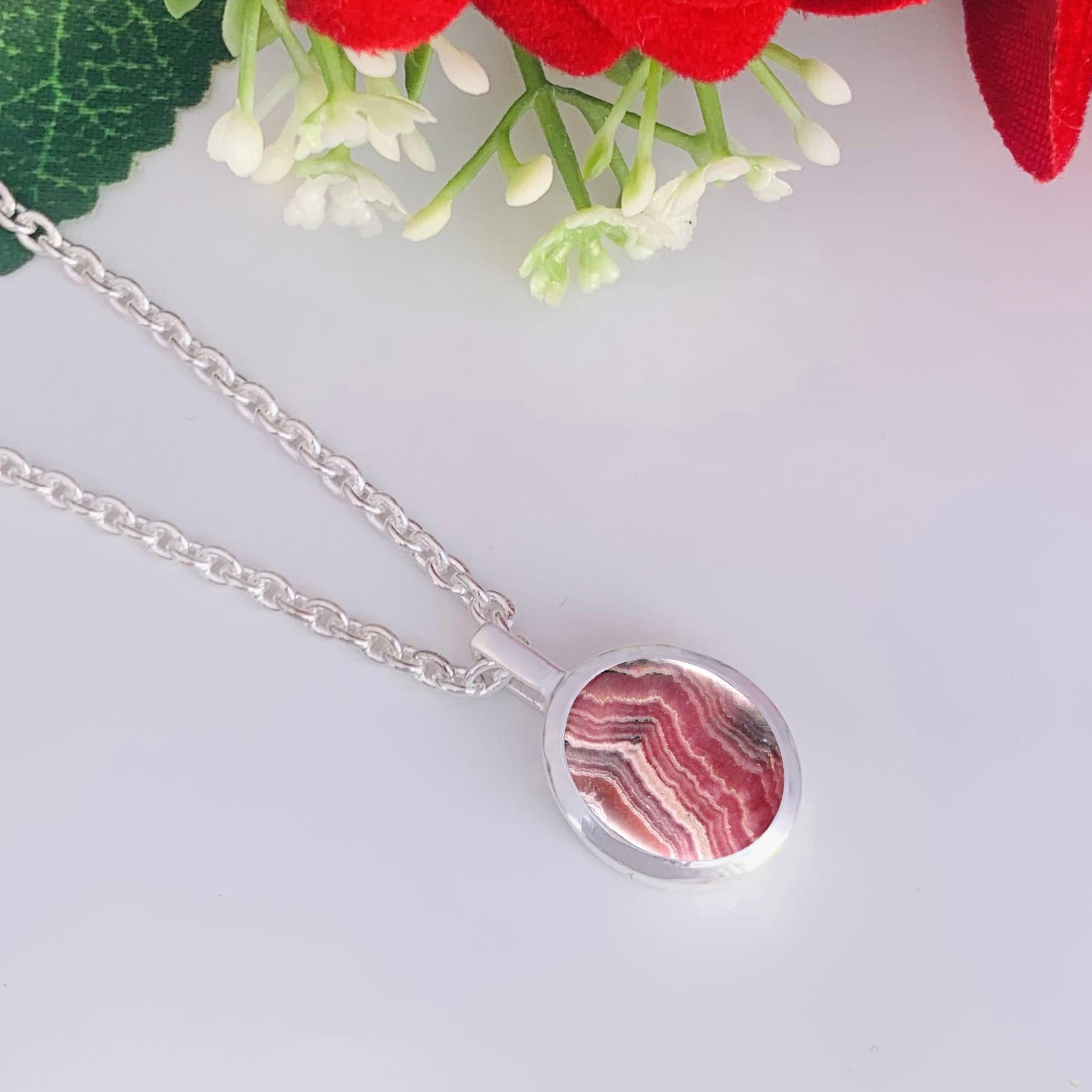 Pink Rhodochrosite Necklace – Dainty Silver Birthstone Pendant, Gift for Her - BeadsBoatInc