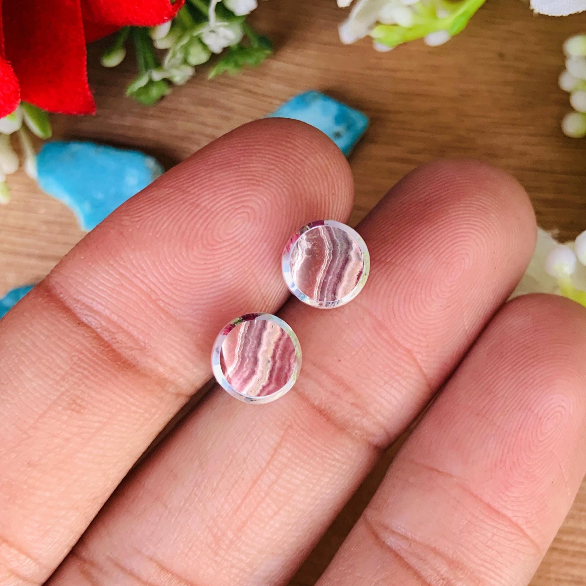 Pink Rhodochrosite Stud Earrings in 925 Sterling Silver - BeadsBoatInc