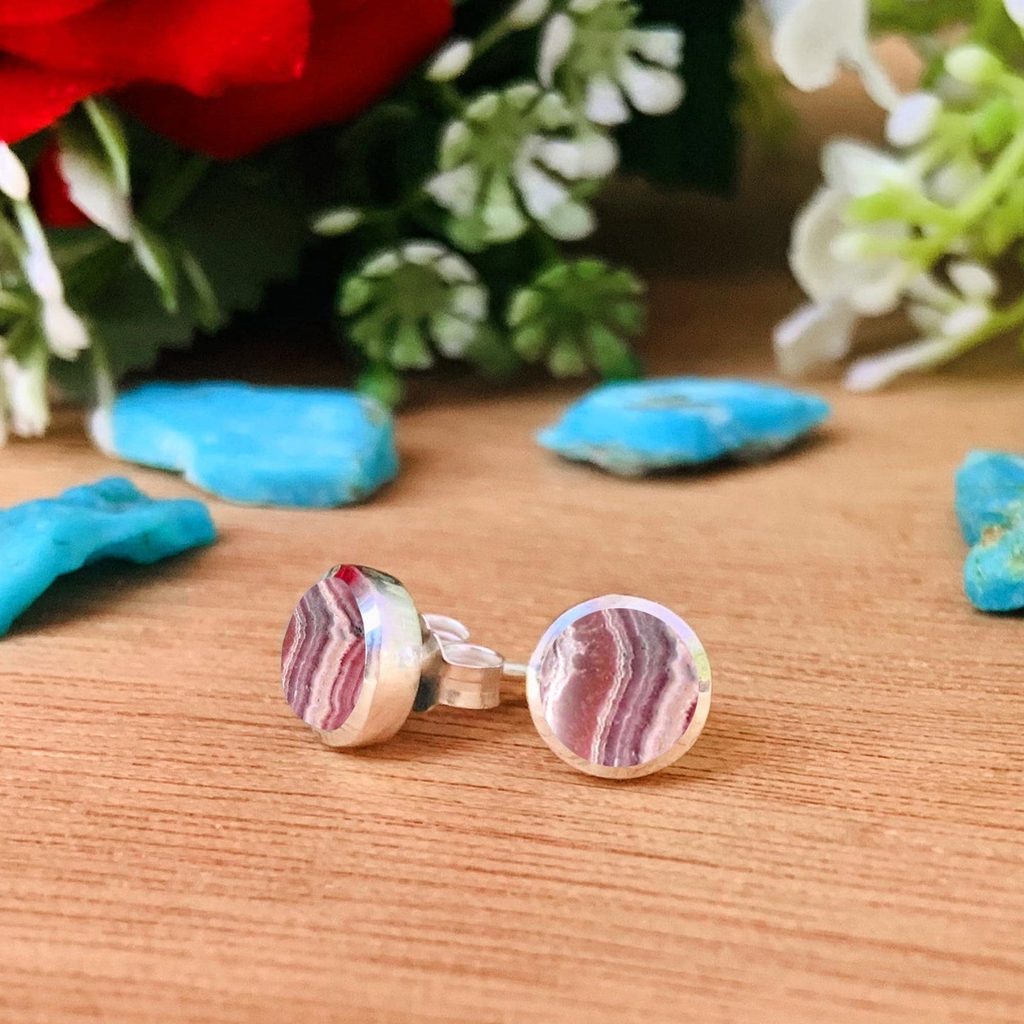 Pink Rhodochrosite Stud Earrings in 925 Sterling Silver - BeadsBoatInc