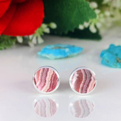 Pink Rhodochrosite Stud Earrings in 925 Sterling Silver - BeadsBoatInc