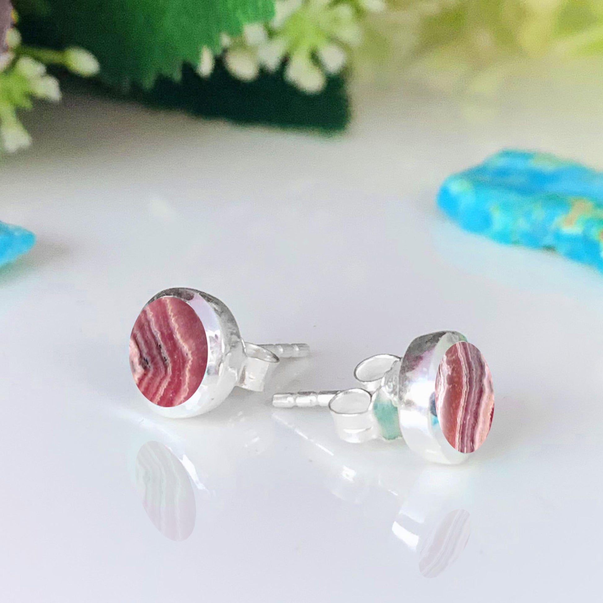 Pink Rhodochrosite Stud Earrings in 925 Sterling Silver - BeadsBoatInc