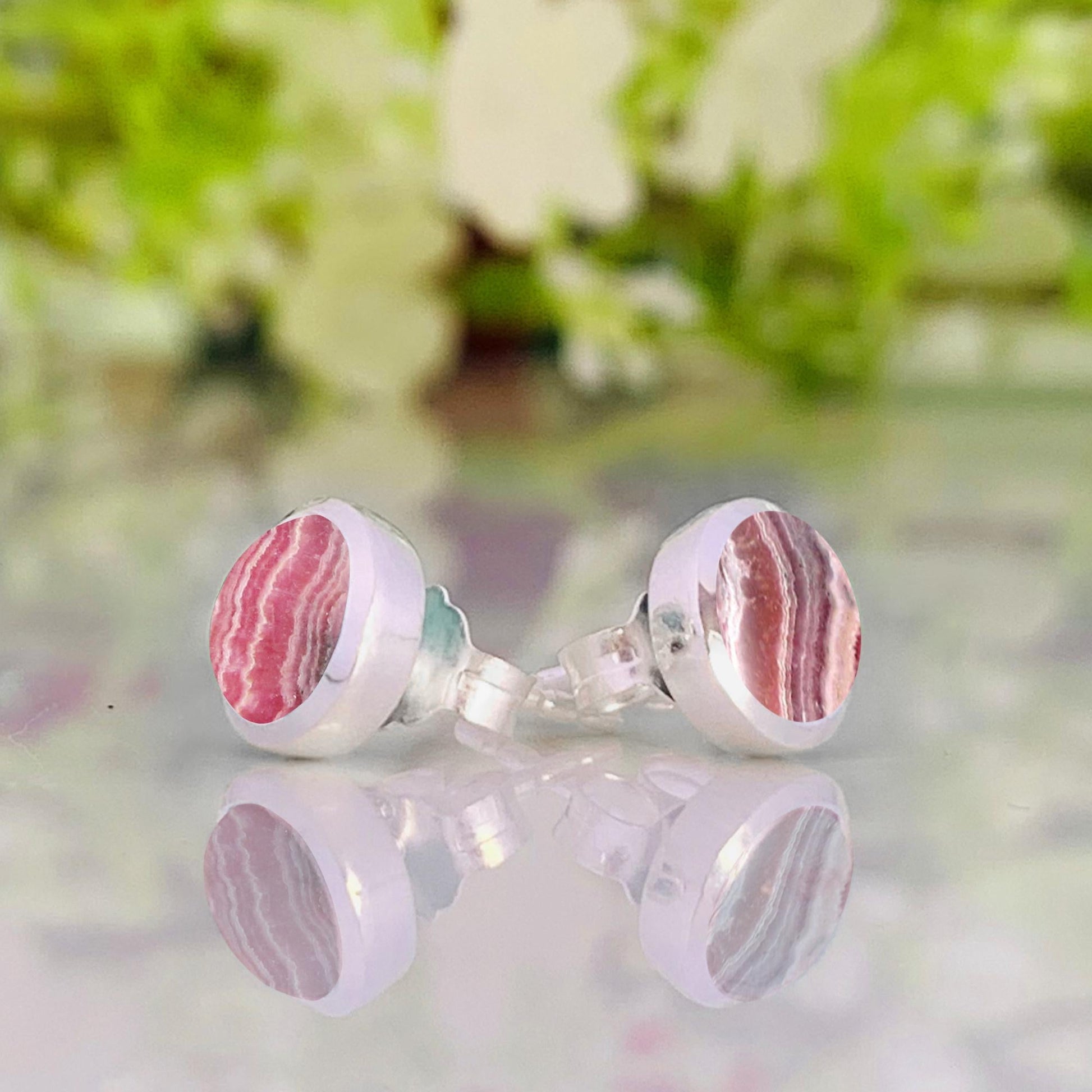 Pink Rhodochrosite Stud Earrings in 925 Sterling Silver - BeadsBoatInc