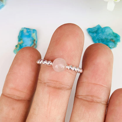 Pink Rose Quartz Ball Ring | Sterling Silver Stackable Ring, Gift for Her - BeadsBoatInc