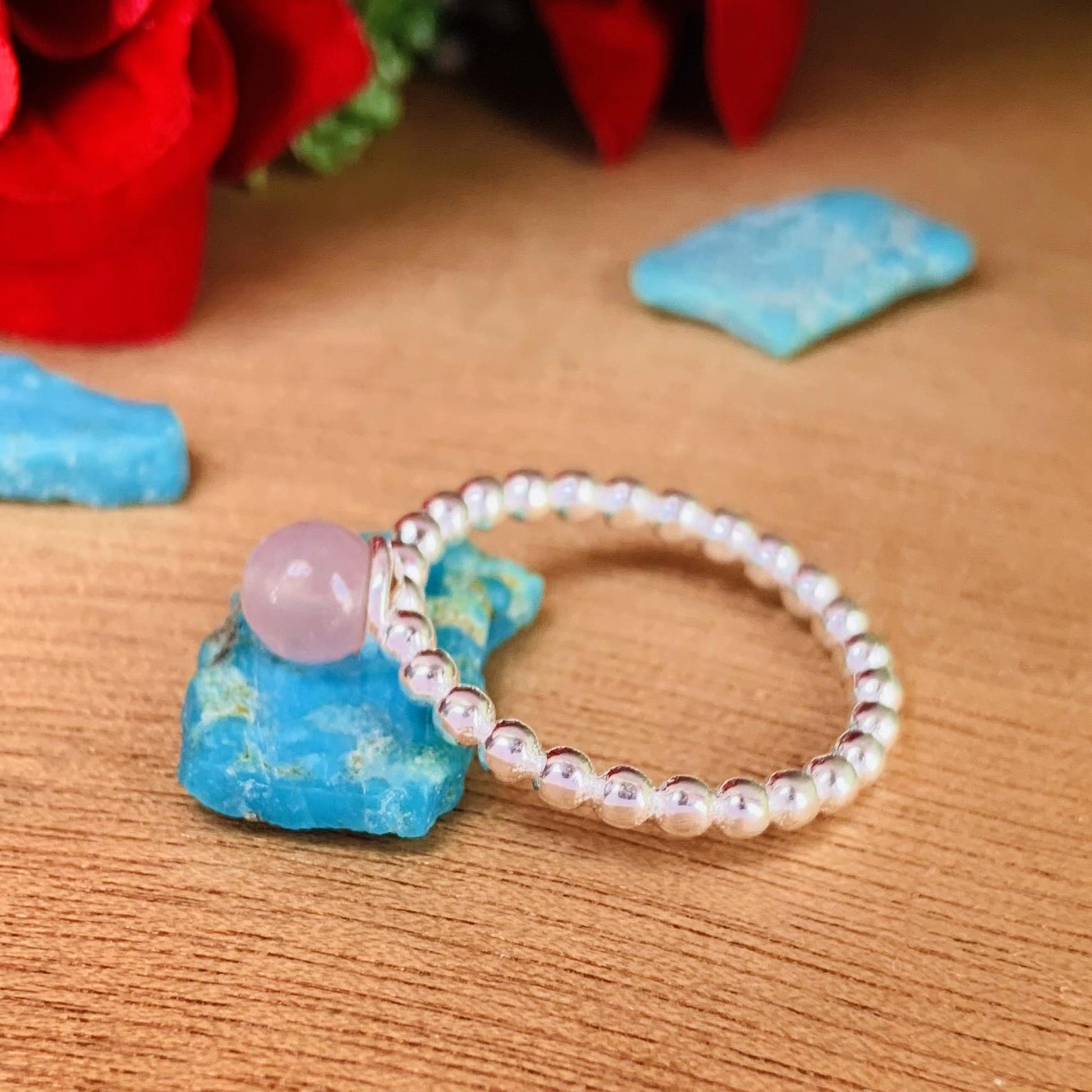 Pink Rose Quartz Ball Ring | Sterling Silver Stackable Ring, Gift for Her - BeadsBoatInc