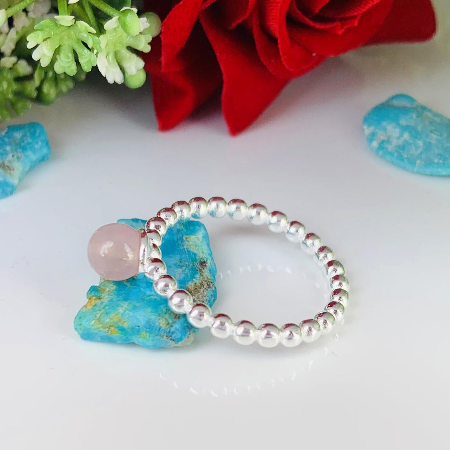 Pink Rose Quartz Ball Ring | Sterling Silver Stackable Ring, Gift for Her - BeadsBoatInc