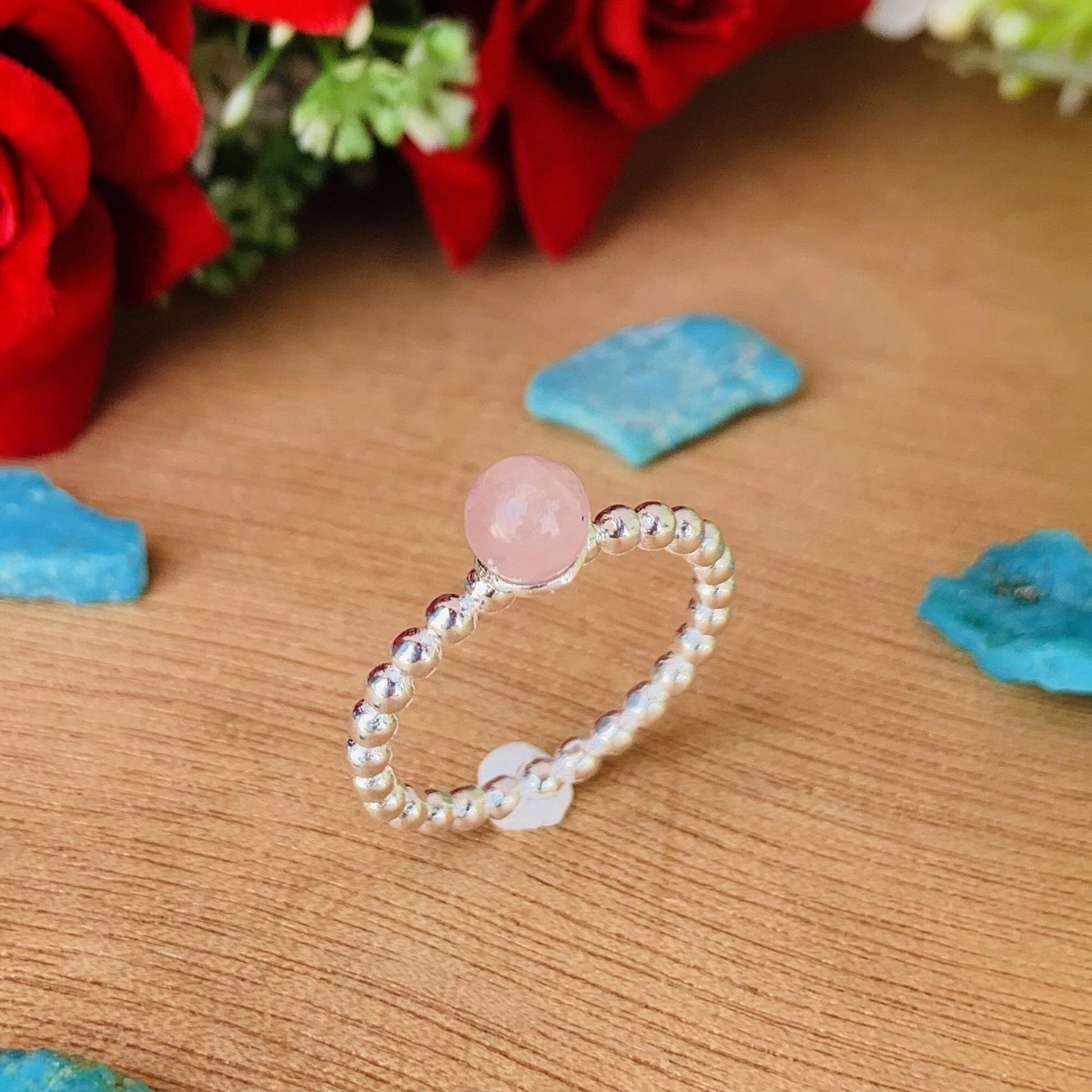 Pink Rose Quartz Ball Ring | Sterling Silver Stackable Ring, Gift for Her - BeadsBoatInc