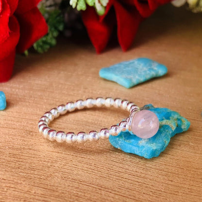 Pink Rose Quartz Ball Ring | Sterling Silver Stackable Ring, Gift for Her - BeadsBoatInc
