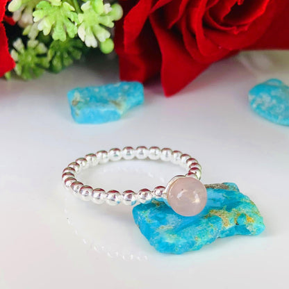 Pink Rose Quartz Ball Ring | Sterling Silver Stackable Ring, Gift for Her - BeadsBoatInc