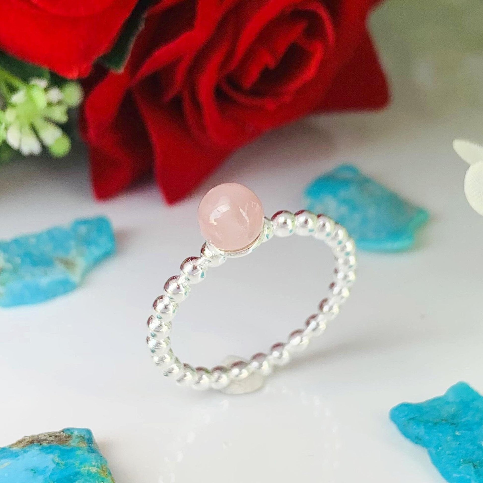 Pink Rose Quartz Ball Ring | Sterling Silver Stackable Ring, Gift for Her - BeadsBoatInc