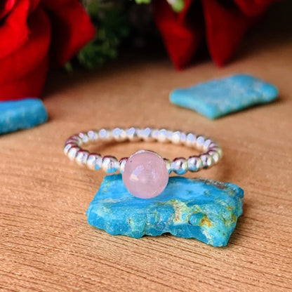 Pink Rose Quartz Ball Ring | Sterling Silver Stackable Ring, Gift for Her - BeadsBoatInc
