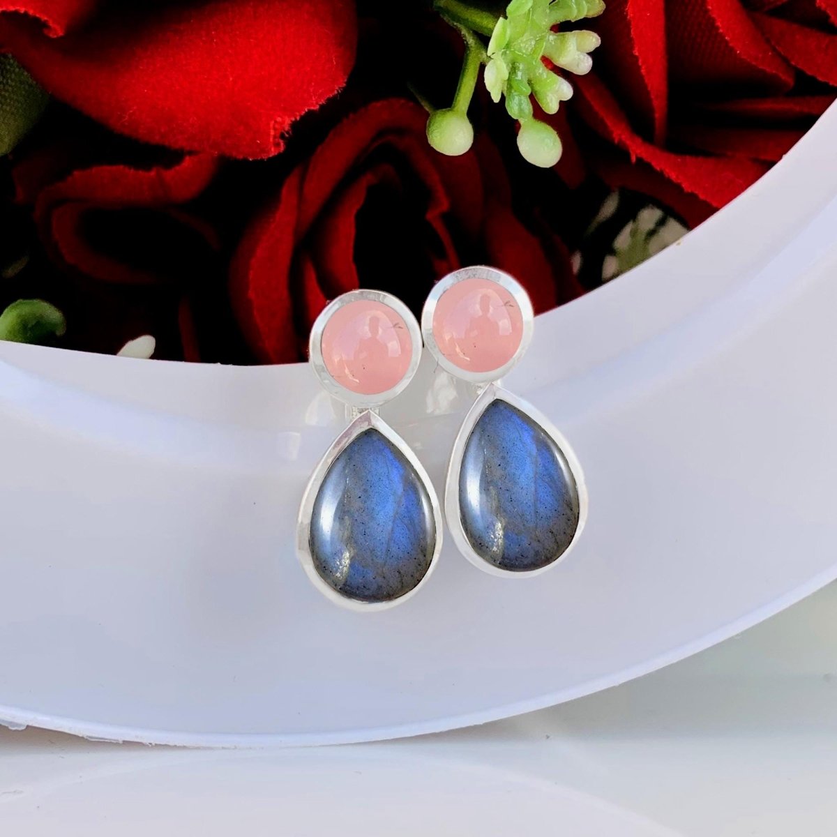Pink Rose Quartz & Labradorite Dangle Earrings in 925 Sterling Silver - BeadsBoatInc