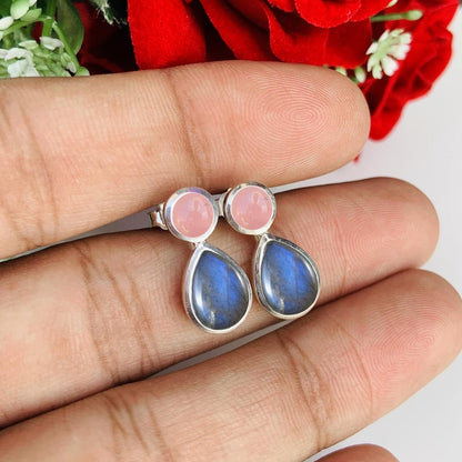 Pink Rose Quartz & Labradorite Dangle Earrings in 925 Sterling Silver - BeadsBoatInc