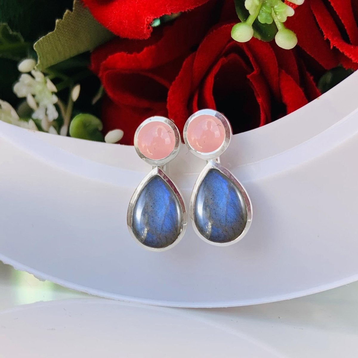 Pink Rose Quartz & Labradorite Dangle Earrings in 925 Sterling Silver - BeadsBoatInc