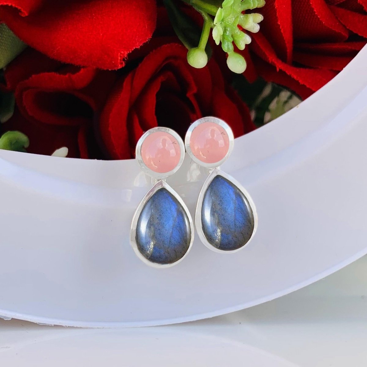 Pink Rose Quartz & Labradorite Dangle Earrings in 925 Sterling Silver - BeadsBoatInc