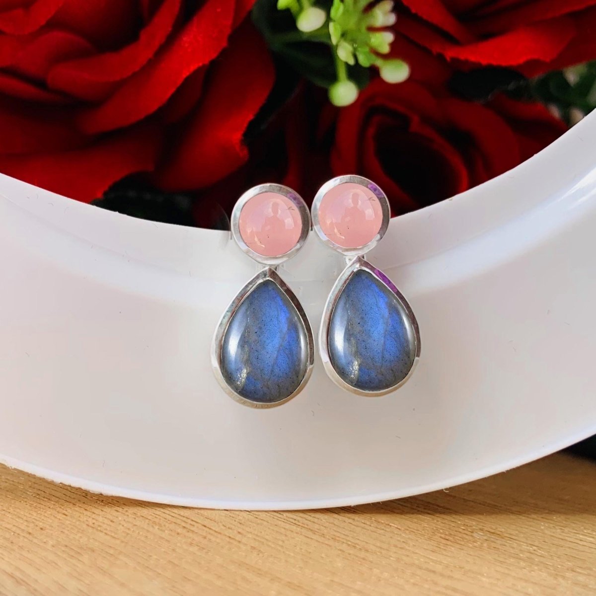 Pink Rose Quartz & Labradorite Dangle Earrings in 925 Sterling Silver - BeadsBoatInc
