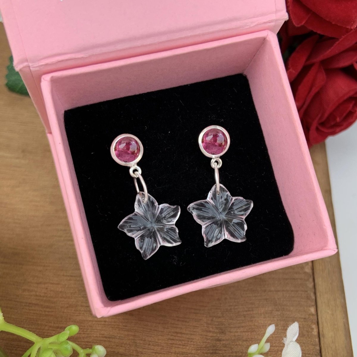 Pink Tourmaline & Carved Quartz Floral Dangle Earrings in 925 Sterling Silver - BeadsBoatInc